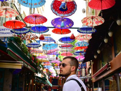 umbrella hanging over Turkish shops